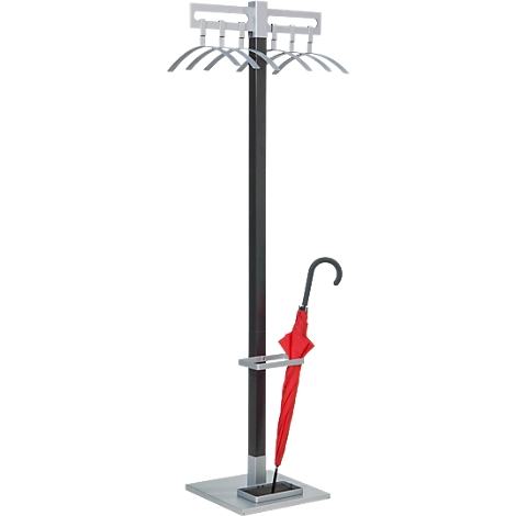 Coat stand with hangers and a red umbrella.