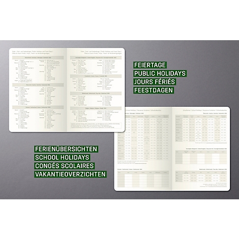 Opened brochure with tables and overviews of public holidays and school holidays.