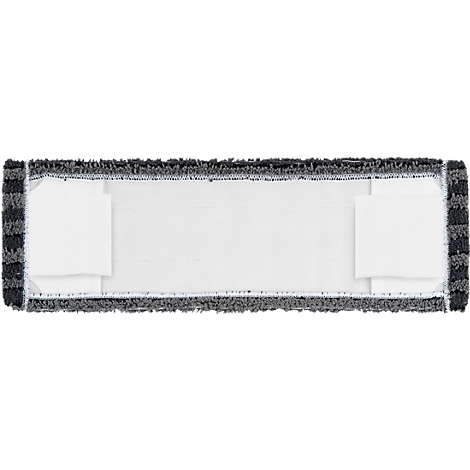 Mopa rectangular de microfibra, con borde gris e inserciones blancas.