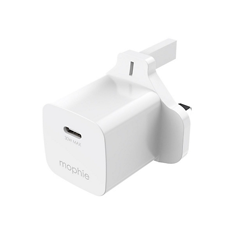Weißes Ladegerät mit USB-C-Anschluss, das 30W MAX unterstützt. Marke: mophie.