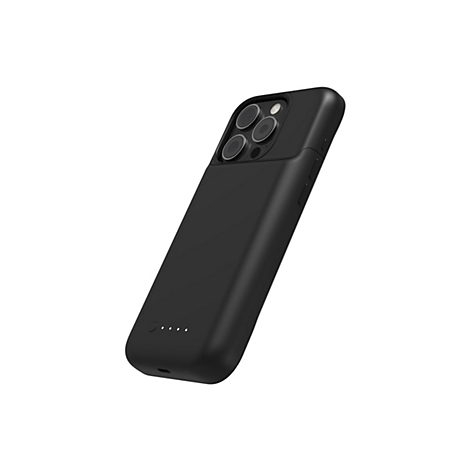 Schwarze Handyhülle mit drei Kameralinsen, weißen LEDs und Knöpfen an der Seite. Hintergrund weiß.