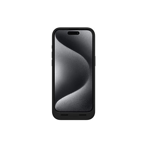 Schwarzes Smartphone in einer Hülle, vor weißem Hintergrund. Das Display zeigt eine abstrakte, schwarz-graue Struktur.