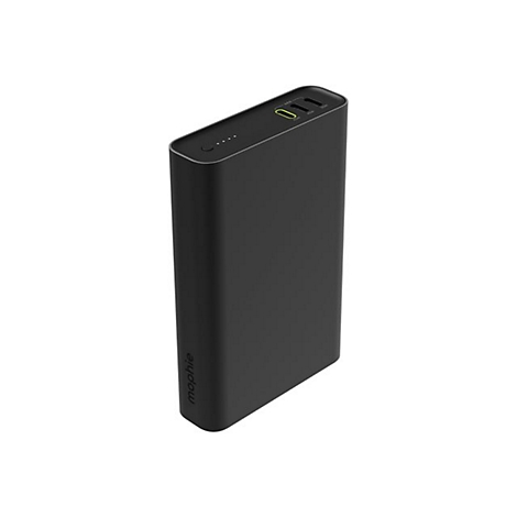 Schwarze Powerbank, leicht geneigt, mit Anschlüssen und Ladeanzeige.