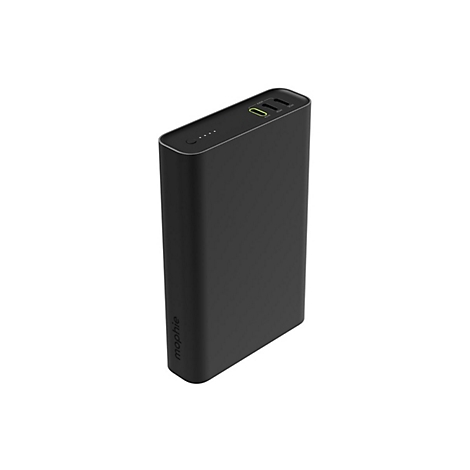 Ein schwarzes Mophie-Ladegerät, diagonal vor weißem Hintergrund. Oben Leuchtanzeige und Power-Knopf.