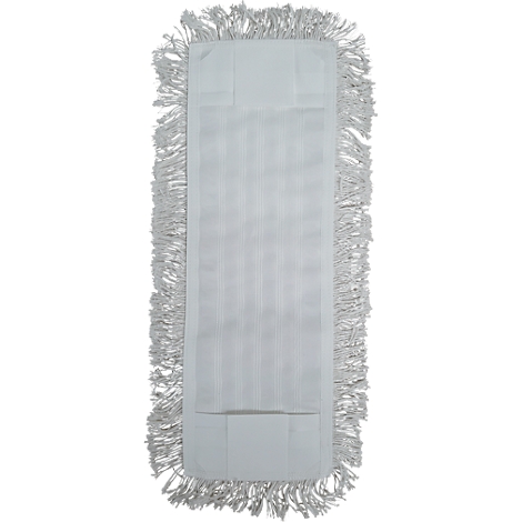 White, rectangular mop head, fringed around the edges. Vertical stripes decorate the middle.