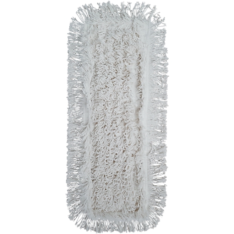A rectangular white mop head with fringed edges, top view.