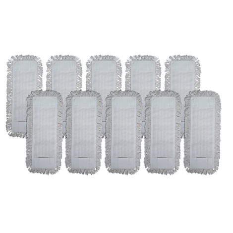 A collection of ten white mop attachments with fringes on the edges, on a white background.