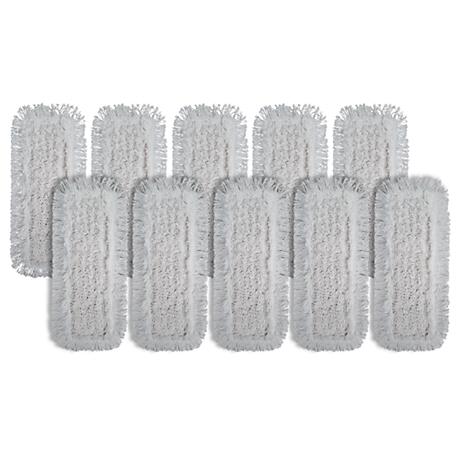 Arrangement of ten rectangular white mop pads, arranged against a white background.