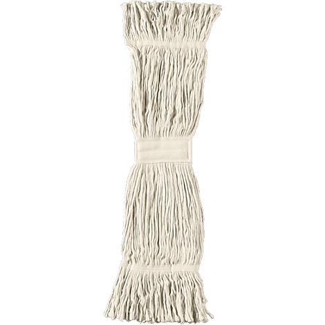 Close-up of a white mop head, bound together in the middle.