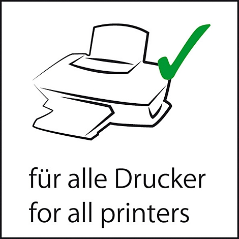 Zwart-wit afbeelding van een printer met een groen vinkje. Daaronder de tekst: voor alle printers.