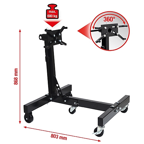 Schwarzer Motorständer mit Rädern. Maximale Tragkraft 680 kg. Abmessungen 868 mm x 803 mm. 360° drehbar.
