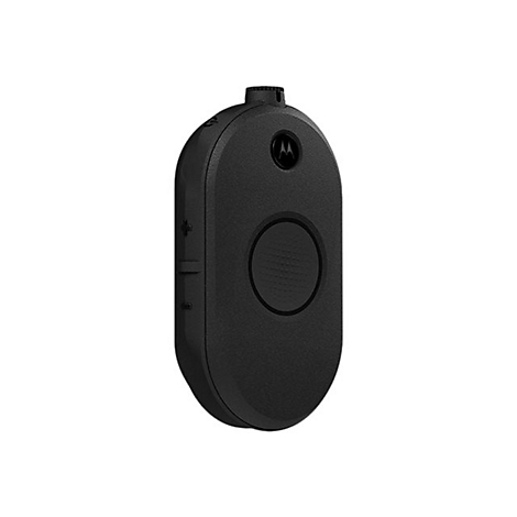 Schwarzer, ovaler Notrufknopf mit Motorola-Logo und großem Knopf. Der Knopf hat eine abgerundete Form und ist auf weißem Hintergrund.