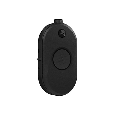 Schwarzer, ovalförmiger Notrufknopf mit einer großen Taste, Motorola-Logo und kleinem Knopf oben.
