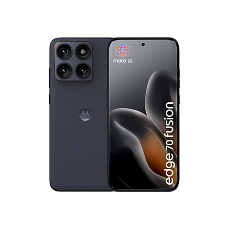 Dunkelblaues Smartphone, Rückseite mit vier Kameralinsen. Auf dem Display steht 'edge 70 fusion'.