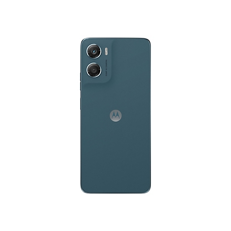 Rückseite eines türkisfarbenen Smartphones. Zwei Kameras, darunter steht 50MP AI CAMERA, und ein Motorola-Logo.