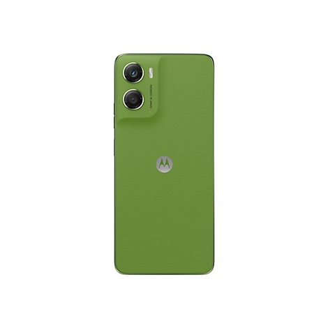 Rückseite eines grünen Smartphones mit Kameras und Motorola-Logo.