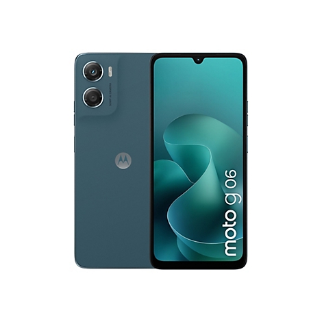 Blaues Smartphone Moto g06, Ansicht von vorne, Kamera oben, Logo.