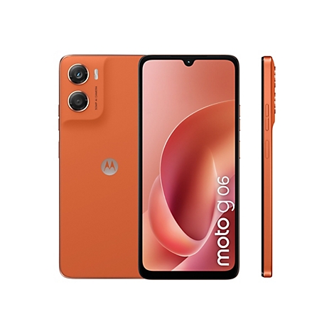 Orangefarbenes Smartphone, drei Ansichten. Rückseite mit Kamera und Logo, Front mit Display, Seite mit Knöpfen.