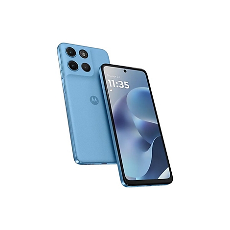 Hellblaues Smartphone, Display mit Uhrzeit, Rückseite mit Kameras, Motorola-Logo.