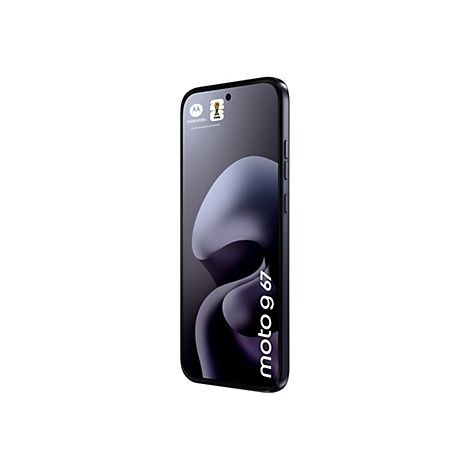 Schwarzes Smartphone, Motorola Moto g 67, mit Logo und abstraktem Hintergrund.