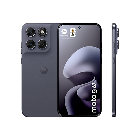 Draufsicht auf ein graues Motorola-Smartphone, das von vorne, seitlich und von hinten gezeigt wird.