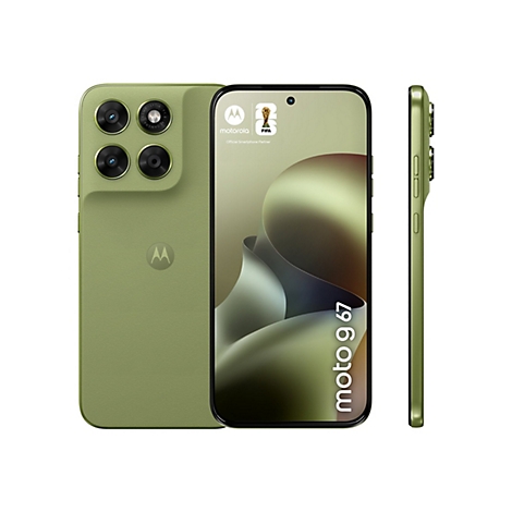 Hellgrünes Smartphone mit drei Kameras, Display, Motorola-Logo, FIFA-Logo und Schriftzug "moto g 67".