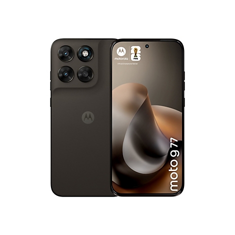 Ein schwarzes Smartphone, das auf beiden Seiten gezeigt wird. Auf der linken Seite befinden sich vier Objektive, auf der rechten Seite ist das Display mit dem Schriftzug "moto g77" zu sehen. Das Motorola-Logo und das FIFA-Logo sind ebenfalls sichtbar.