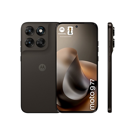 Draufsicht auf ein schwarzes Smartphone. Auf dem Bildschirm sind Logos abgebildet, darunter Motorola und FIFA. Der Name des Geräts lautet Moto G77.