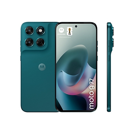 Türkisblaues Smartphone Moto 977 mit mehreren Kameras, Motorola-Logo, FIFA-Logo und Text.