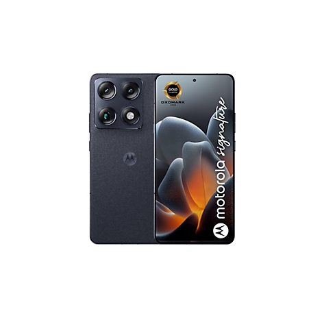 Dunkelgraues Smartphone mit vier Linsen, Gold Kamera Logo, und „motorola signature“ Schrift.