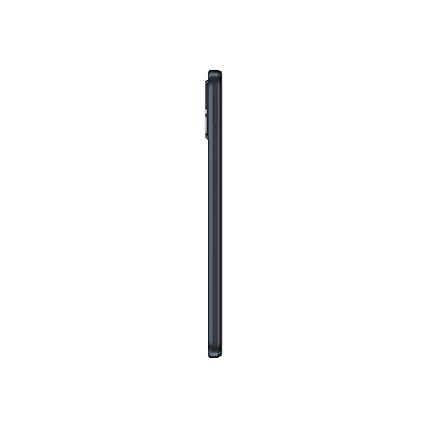 Dunkelgraues Smartphone, Seitenansicht, vor weiÃŸem Hintergrund.