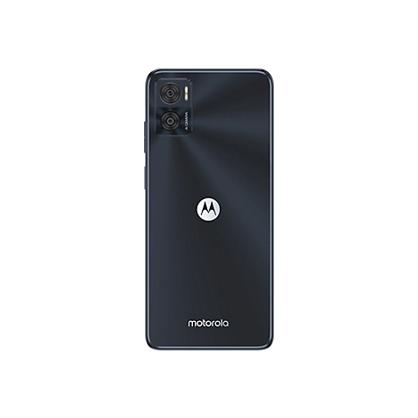RÃ¼ckseite eines schwarzen Smartphones. Zwei Kameras oben links, Motorola Logo unten.