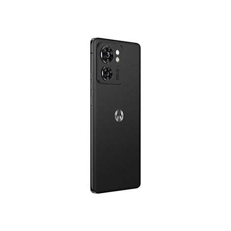 Schwarzes Smartphone. Rückseite mit Kamera, Motorola-Logo und Textur.