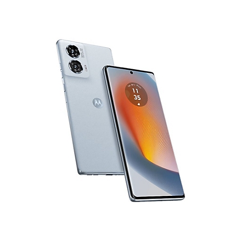 Hellblaues Smartphone mit zwei Kameras und Bildschirm mit Uhrzeit. Auf dem Display ist Dienstag, 11:35 Uhr angezeigt.