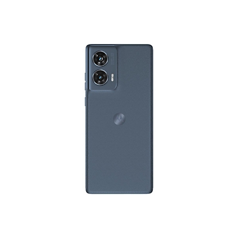 Rückseite eines blauen Smartphones mit Doppelkamera und Motorola-Logo.