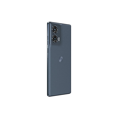 Dunkelblaues Smartphone vor weißem Hintergrund. Dual-Kamera oben, Motorola-Logo hinten.