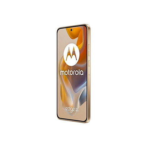 Goldfarbenes Smartphone, Display mit Motorola-Logo, Edge 50 Neo Schriftzug.