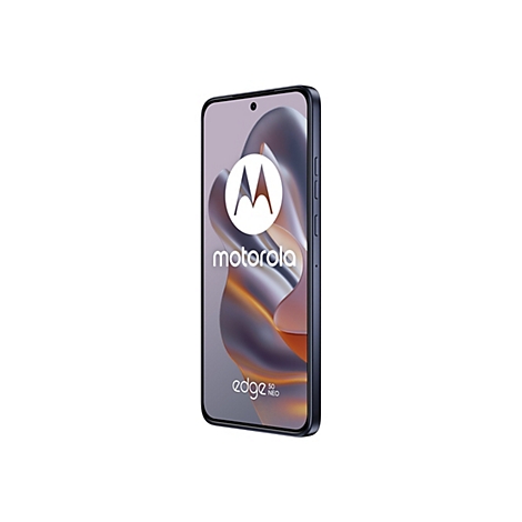 Ein Smartphone Motorola Edge 30 Neo, auf dem Display das Motorola Logo und Schriftzug, sowie der Schriftzug edge 30 neo.