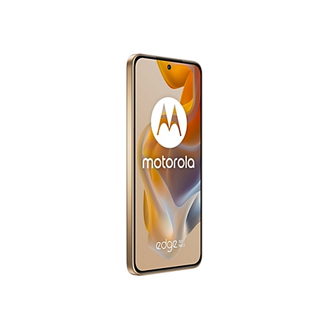 Goldenes Smartphone Motorola Edge 50 Neo, auf dem Display das Motorola Logo und Schriftzüge.