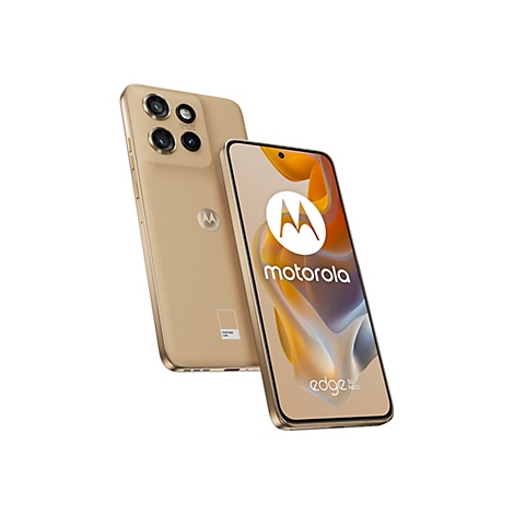 Goldfarbenes Motorola Edge 50 Neo Smartphone, leicht schräg abgebildet. Auf dem Display ist das Motorola Logo zu sehen.
