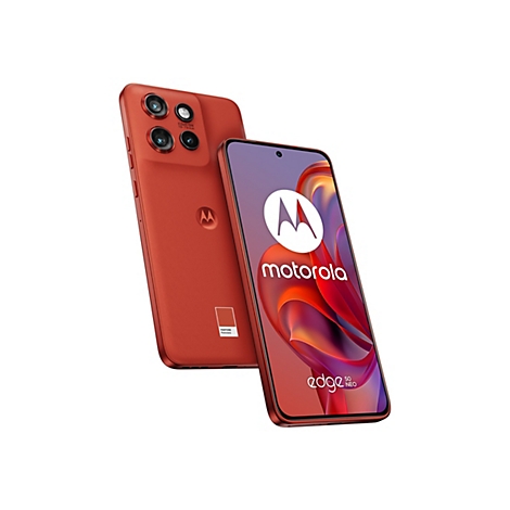 Motorola Edge 50 Neo Smartphone in Rot, Nahaufnahme mit Logo, Kameras, Pantone-Farbe.