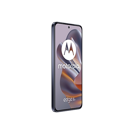 Ein Smartphone Motorola Edge 50 Neo, blau, im Render-Stil, mit Logo, Schriftzug und Markenzeichen.
