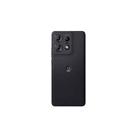 Dunkelgraues Smartphone-Rückseite mit vier Linsen, Motorola-Logo, hellem Hintergrund.