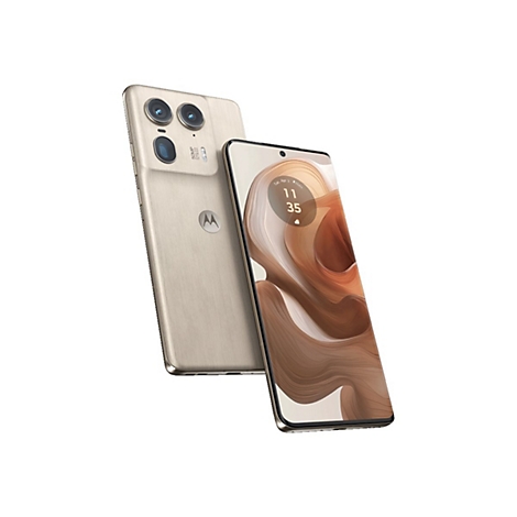 Zwei goldene Smartphones, eines leicht geneigt, mit Uhrzeit 11:35 Uhr auf dem Display. Auf der Rückseite Kameras und Motorola-Logo.