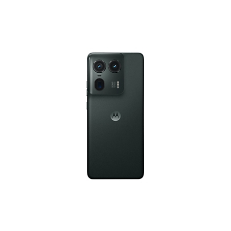 Dunkelgrünes Smartphone mit zwei Kameras, Motorola-Logo, Rückseite. Auf weißem Hintergrund.