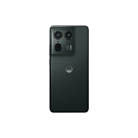 Dunkelgrünes Smartphone mit drei Kameras, Motorola-Logo, Rückseite. 