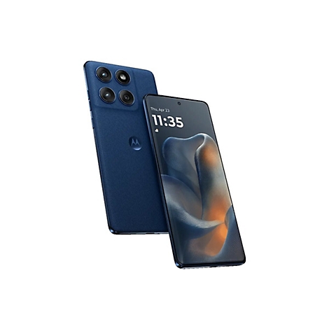 Zwei blaue Smartphones, eines mit vier Kameras, das andere mit Uhrzeit-Anzeige.