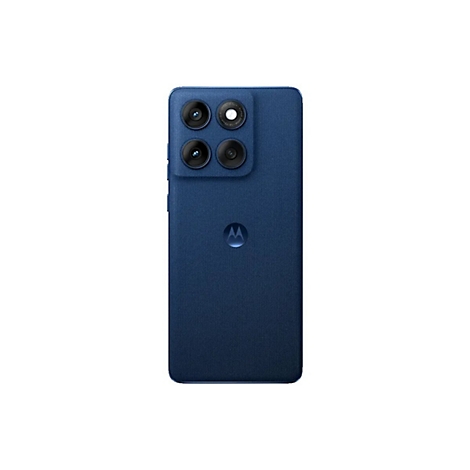 Dunkelblaues Smartphone mit vier Kameras und Motorola-Logo.