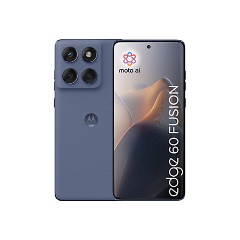 Blaues Motorola Edge 60 Fusion Smartphone, Rückseite mit Kameras, Display mit Schriftzug.