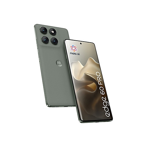 Zwei graue Smartphones vor weißem Hintergrund. Das vordere zeigt das Moto-Logo und den Schriftzug Edge 60 Pro. Auf der Rückseite sind Kameraobjektive zu sehen.